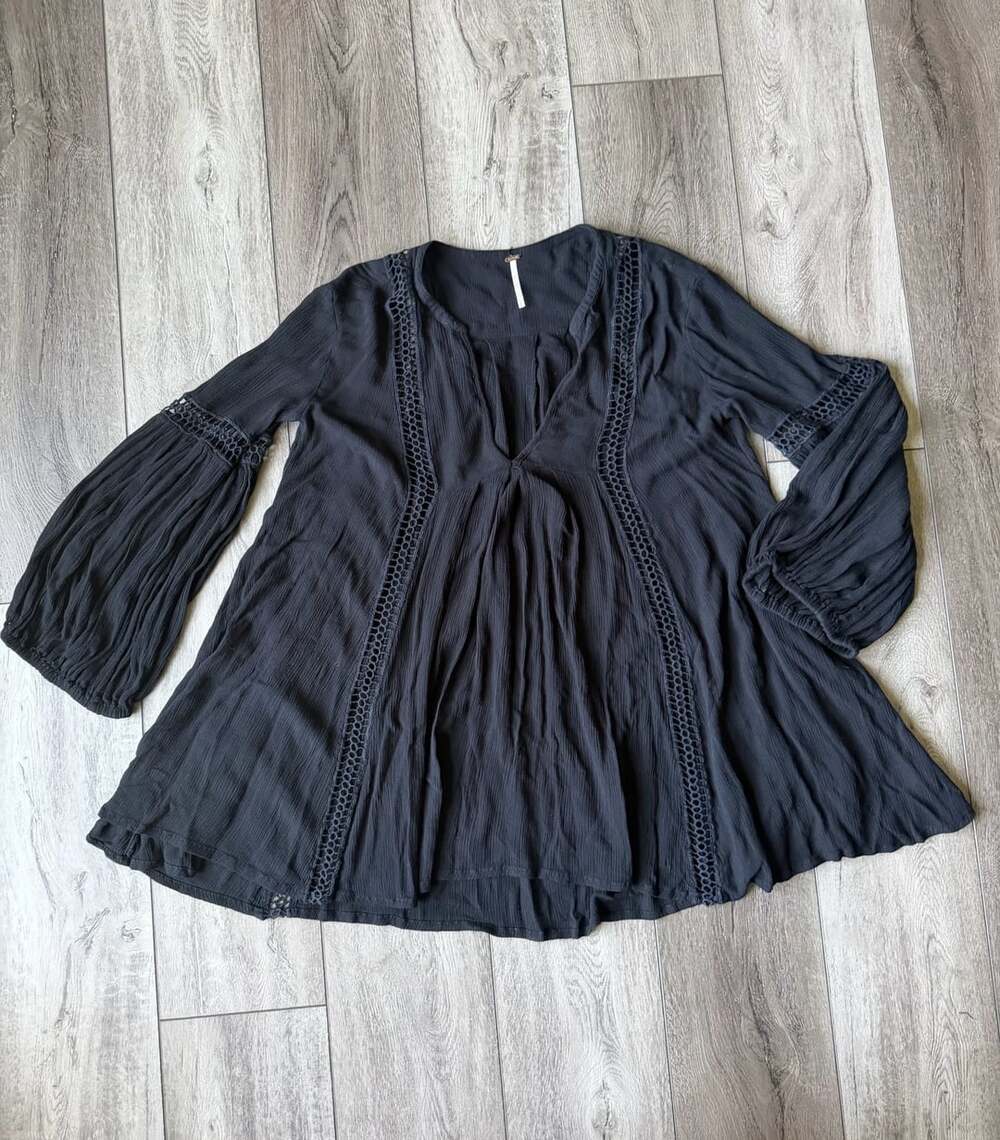 Free People Black Flowy Babydoll Tunic Top with Crochet Trim and Bell Sleeves